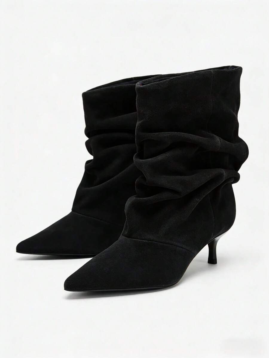 2025 New Kitten Heel Pleated Thigh High Boots, Pointed Toe Over The Knee Tall Vintage Riding Boot... | SHEIN