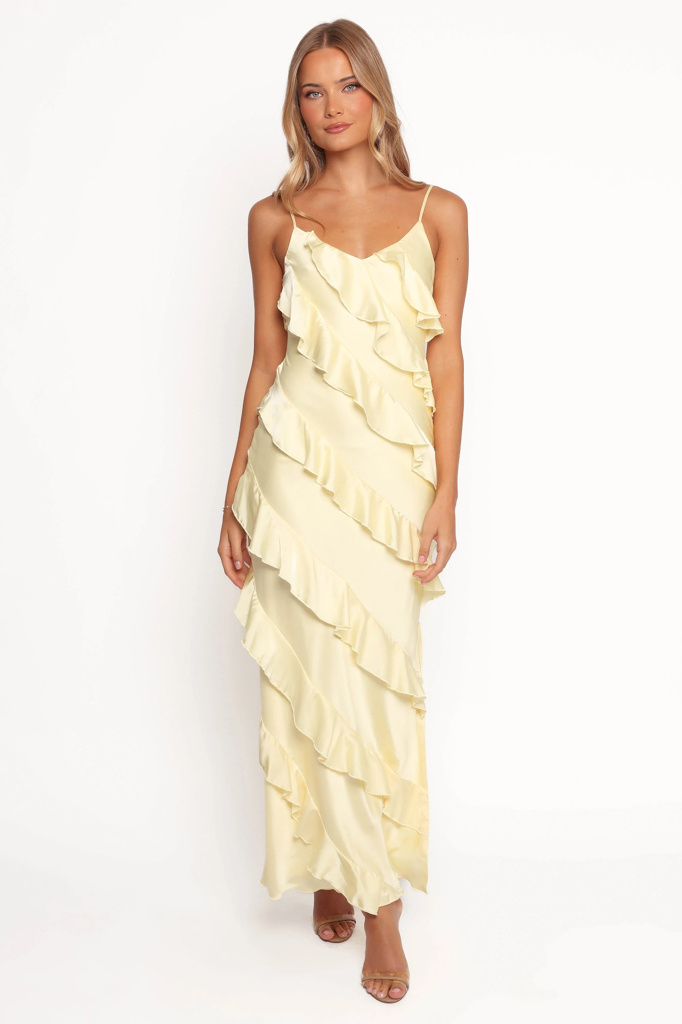 Ciao Ruffles Maxi Satin Dress - Pale Yellow | Petal & Pup (US)