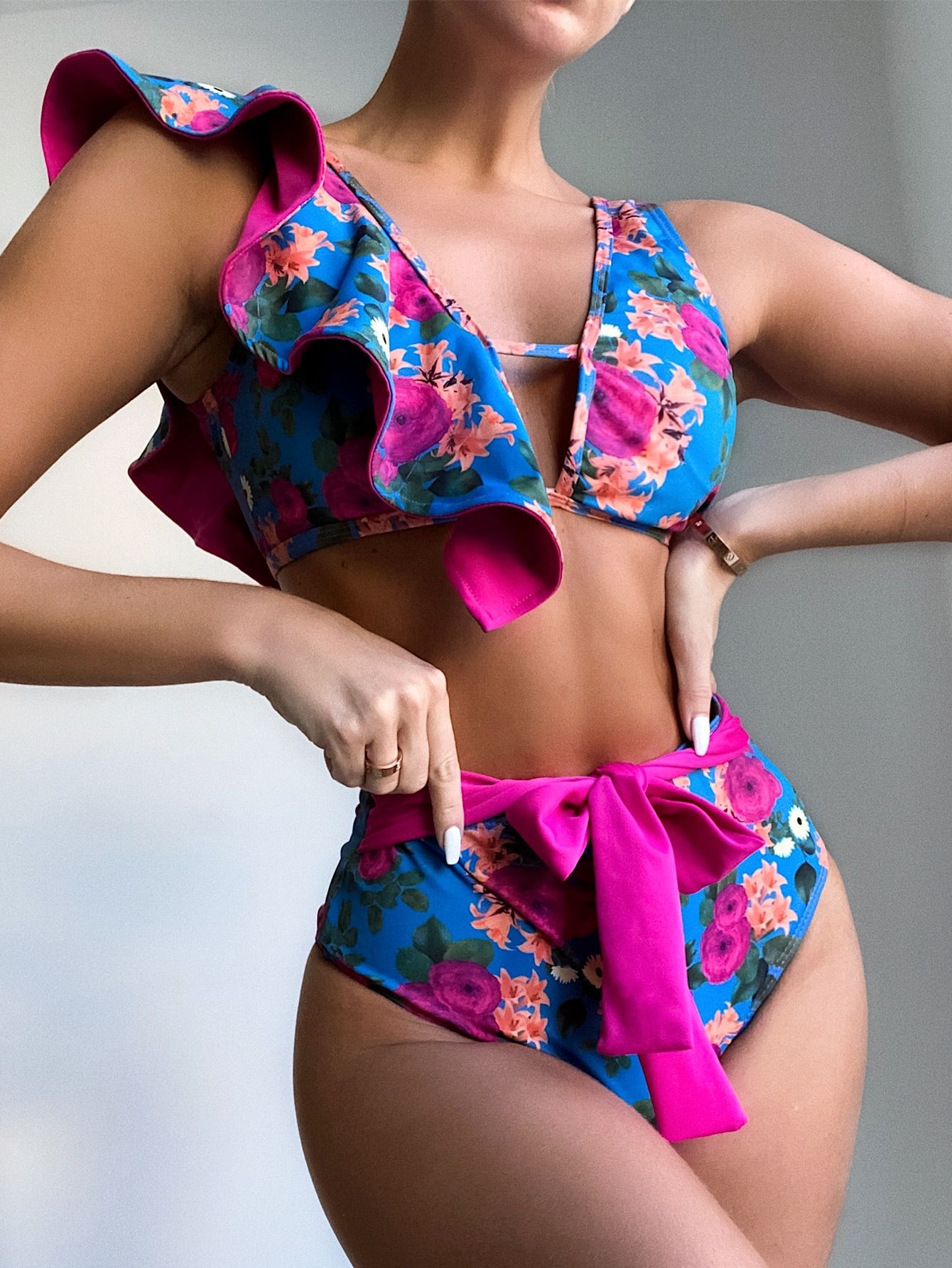 Floral Ruffle High Waisted Bikini Swimsuit | SHEIN