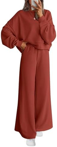 PRETTYGARDEN Women 2 Piece Outfits 2025 Fall Sweatsuits Crewneck Sweatshirt Wide Leg Sweatpants L... | Amazon (US)