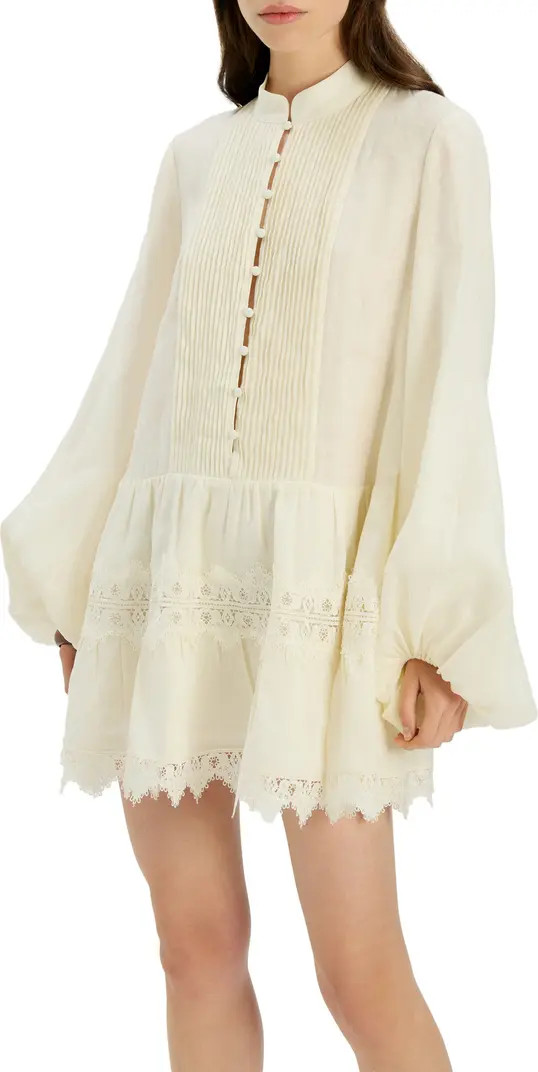 Bardot Antonia Lace Trim Long Sleeve Linen Minidress | Nordstrom | Nordstrom