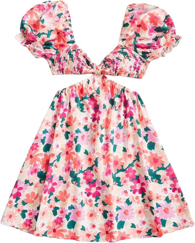 WDIRARA Women's Floral Short Sleeve Sweetheart Neck Cut Out Waist Ruffle Hem Dress | Amazon (US)