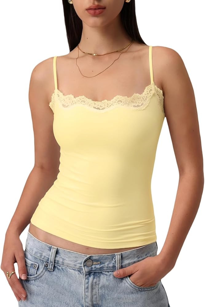 Starrylion Padded Lace Cami Top Double Lined Sexy Tank Top Spaghetti Strap Club Party Shirt | Amazon (US)