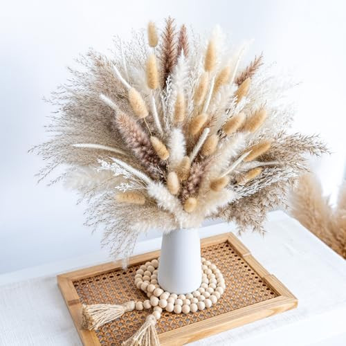 150pcs Pampas Grass + 1 White Ceramic vase + 1 Wood Bead Garland , Boho Home Decor Bouquet Phragmites Dried Flowers Bouquet for Wedding Floral Arrangements Home Decorations | Amazon (US)
