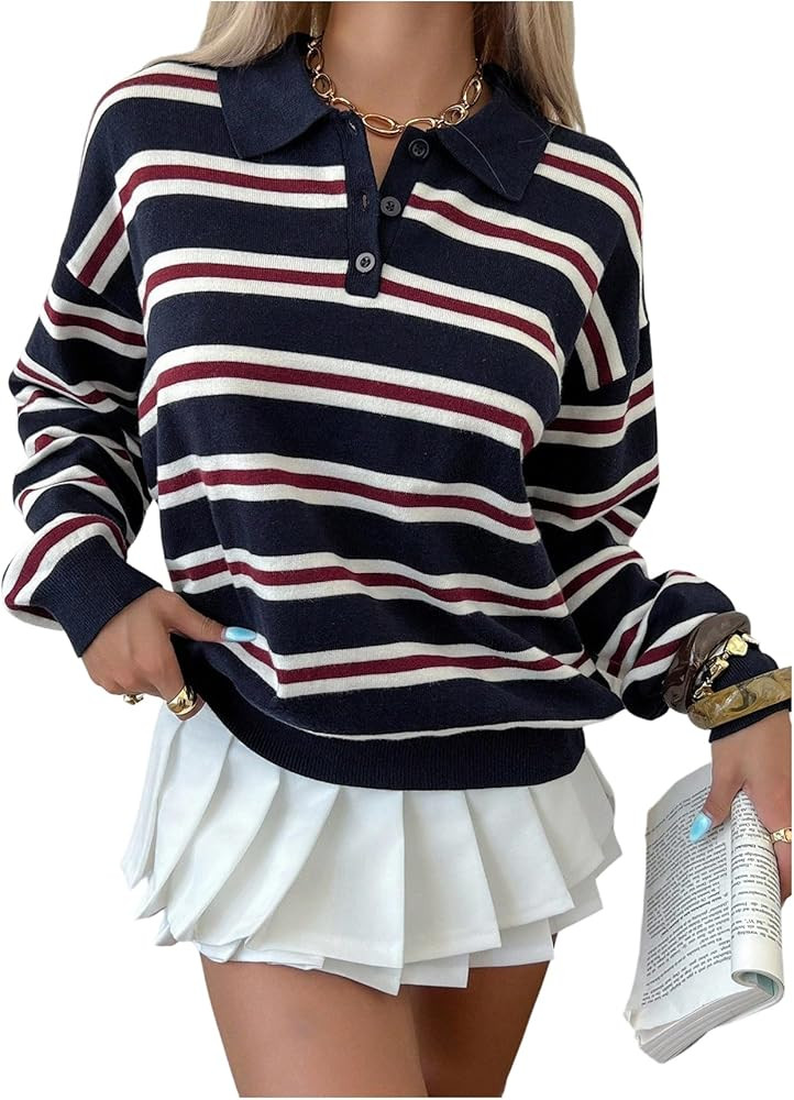 Verdusa Rugby Shirt Preppy Striped Long Sleeve Shirt Women Pullover Sweaters Collared Knit Tops | Amazon (CA)