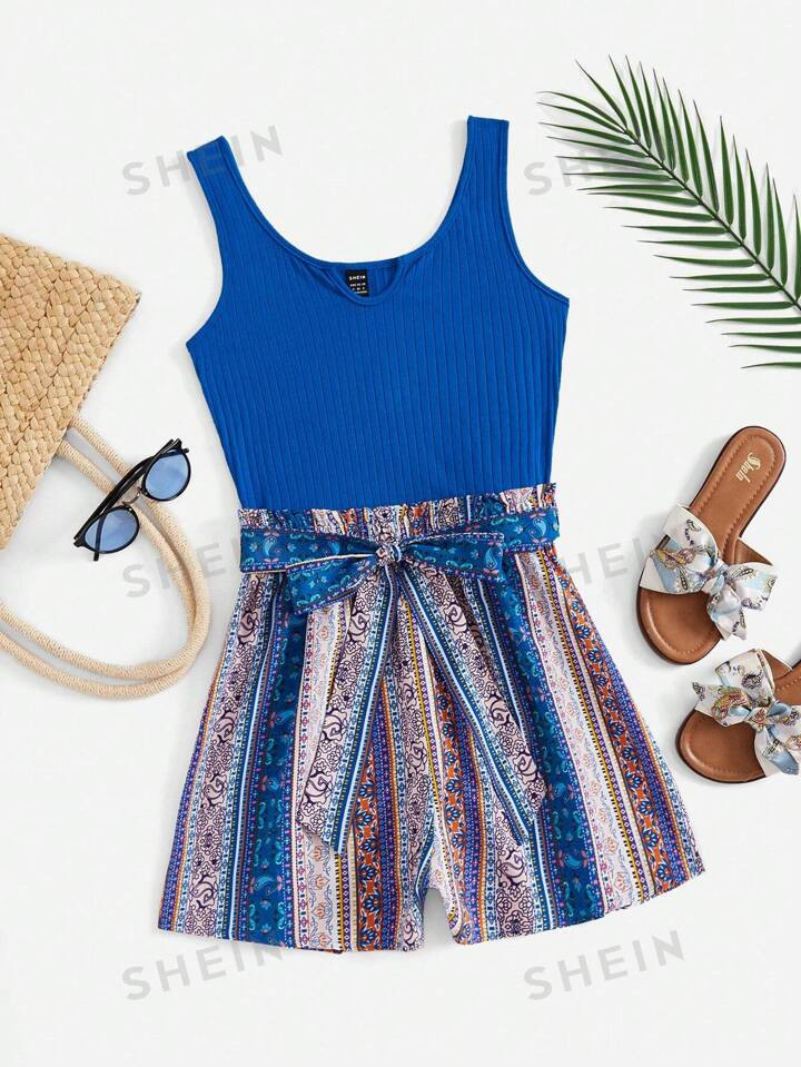 SHEIN VCAY Vintage Patchwork Print Woemn Jumpsuits For Vacation | SHEIN
