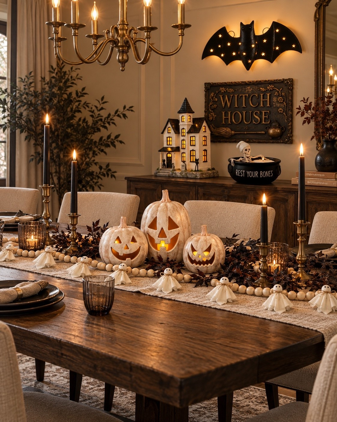 Halloween dining room, but make it warm and collected. 🎃🕯️ I love mixing glowing jack-o’-lanterns, black taper candles, little ghosts and spooky statement pieces with warm wood and brass for Halloween decor that feels festive without taking over the room. The light-up bat and Witch House sign might be my favorites because apparently subtle Halloween decor was never really the plan. 👻

Halloween decor, Halloween dining room, Halloween table decor, Halloween tablescape, aesthetic Halloween decor, classy Halloween decor, neutral Halloween decor, spooky home decor, cozy Halloween decor, Halloween decorating ideas, elevated Halloween decor, Halloween centerpiece, jack o lantern decor, ghost decor, bat decor, witch decor, fall dining room, Amazon Halloween finds, Amazon home decor, Halloween 2026

#LTKSeasonal #LTKHome #LTKSaleAlert