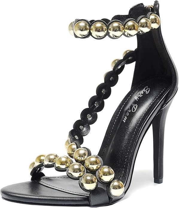 Women's 4.3IN Stiletto Open-Toe Sandals Beaded Ankle Strap & Zip Closure Nightclub Party Wedding ... | Amazon (US)