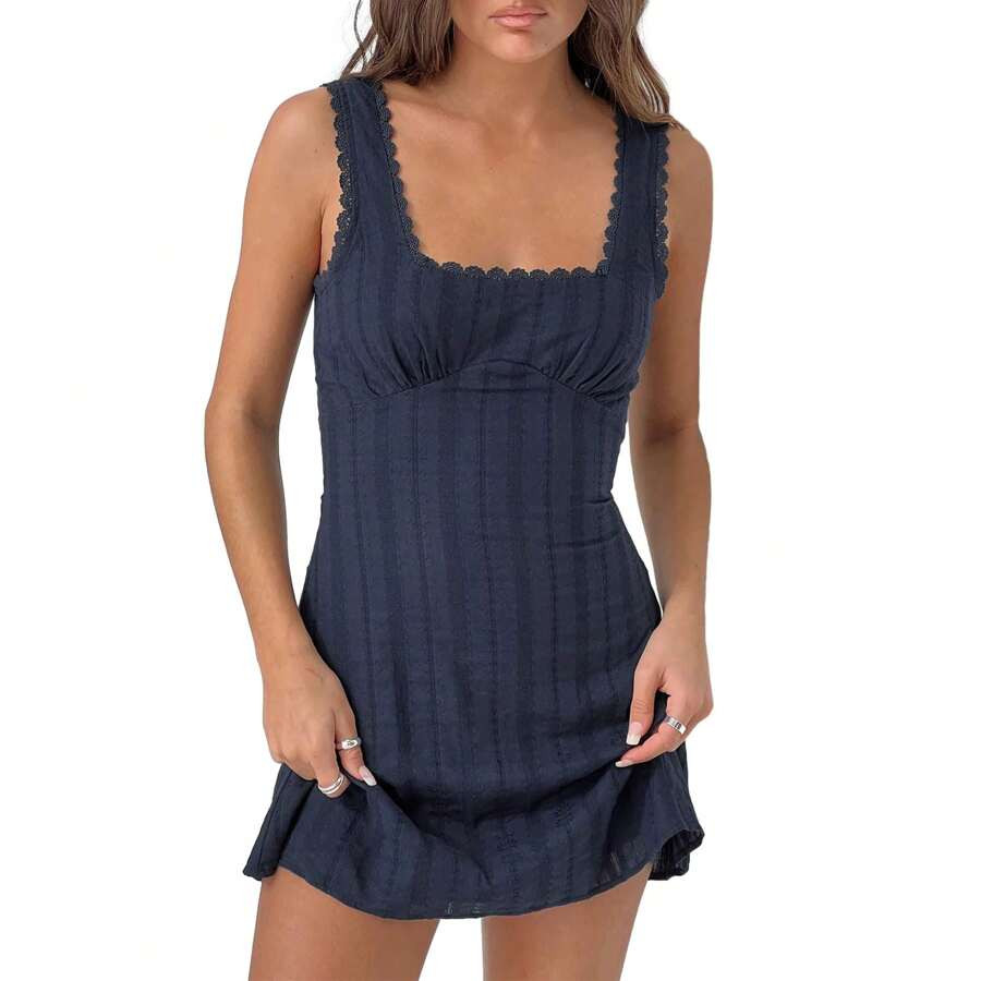 Womens Summer Tank Dress Sleeveless Square Neck Lace Trim Solid Color A-Line Dress Short Mini Dre... | SHEIN