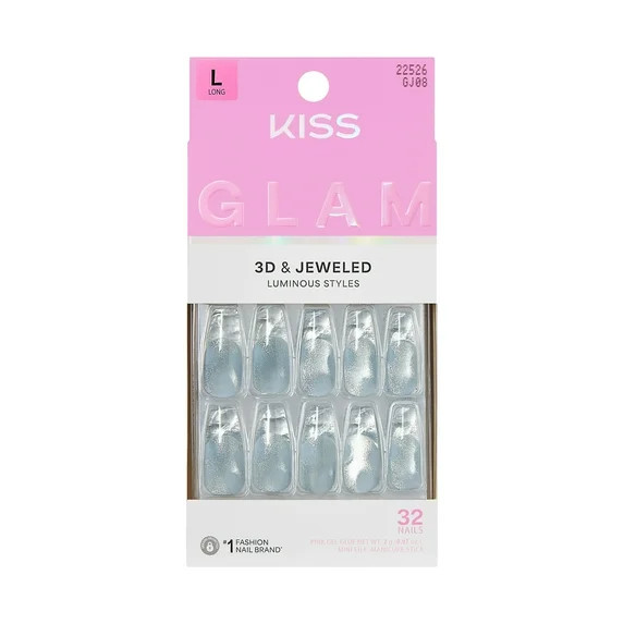 KISS GLAM 3D & Jewel Press On Nails , ‘Seraphic’, Blue, Long Coffin Shaped, 32 Count | Walmart (US)
