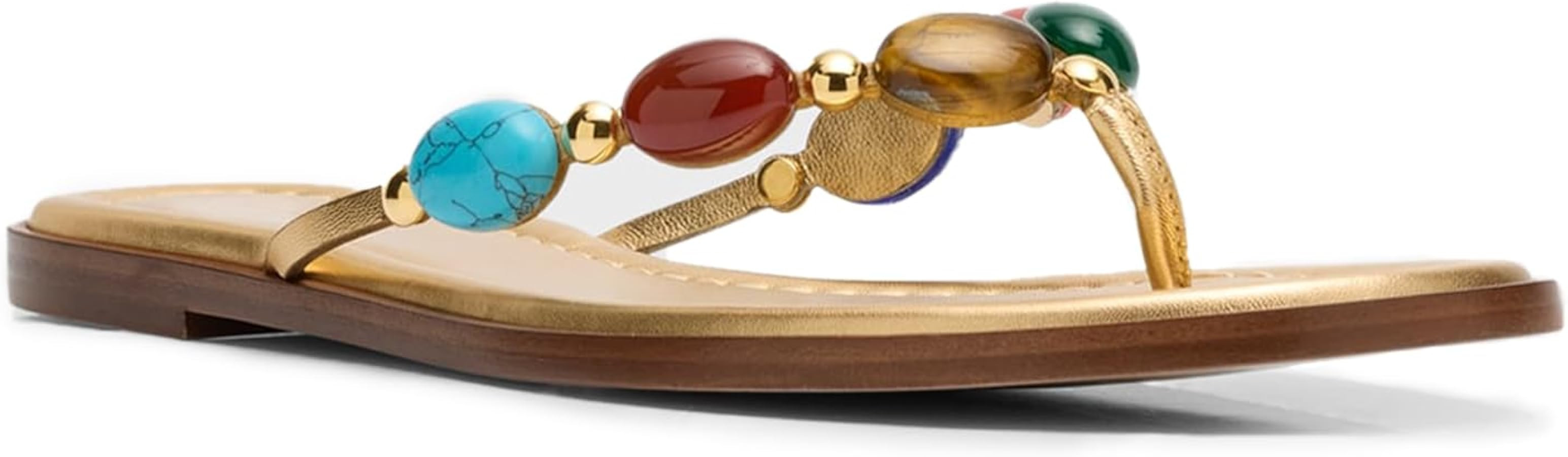 QIV Flip Flops for Women Boho Beaded Thong Flat Sandals Open Round Toe Vacation Beach Sandals | Amazon (US)