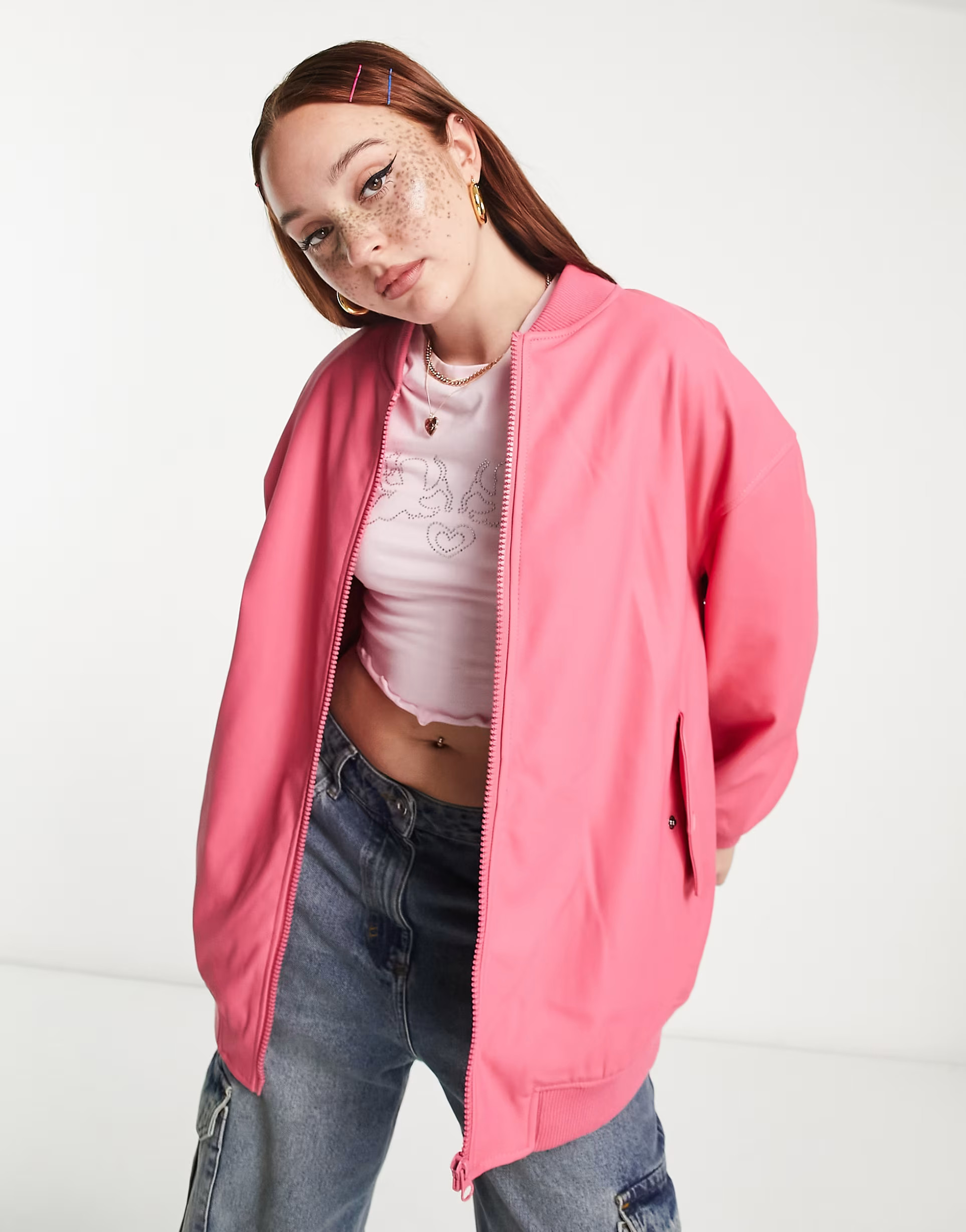 Stradivarius STR oversized faux leather bomber jacket in hot pink | ASOS (Global)