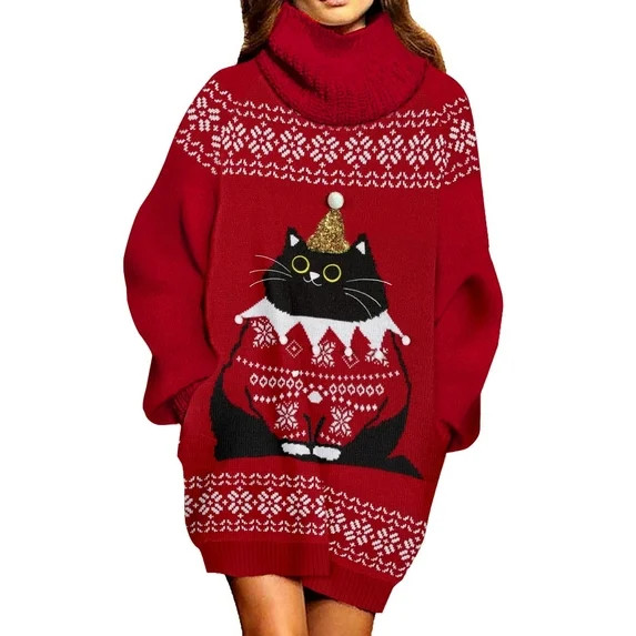 Pink Queen 2025 Christmas Chunky Knit Turtleneck Sweater Dress with Pockets - Walmart.com | Walmart (US)