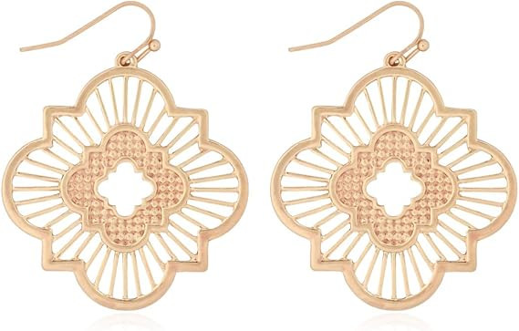 Bohemian Geometric Cut-Out Drop Earrings - Simple Metallic Open Hoop Dangles Moroccan Cloud, Clov... | Amazon (US)