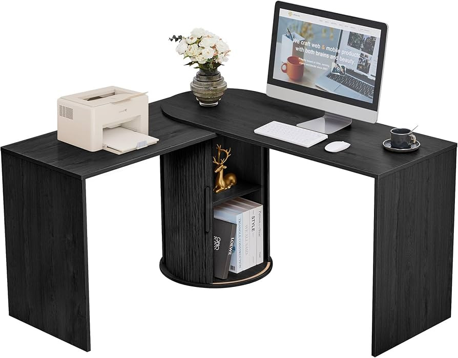 Fluted Computer PC Desk Table with Storage, Black Corner L Shaped Desk with Storage for Small Spa... | Amazon (US)