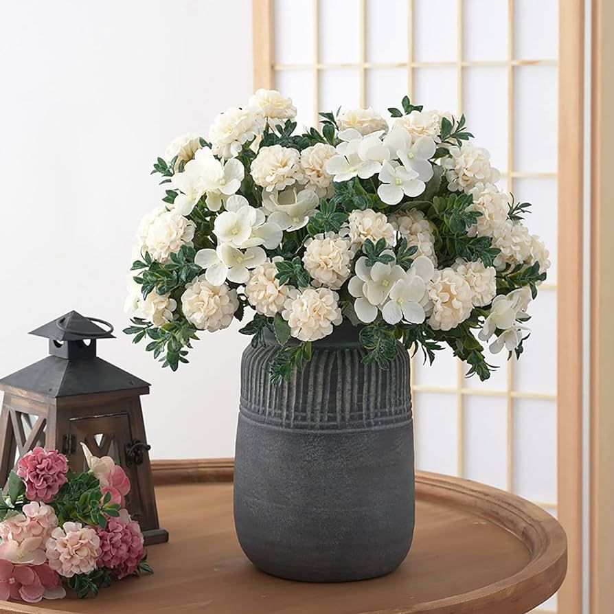 YANMAO Artificial Home Plants Hydrangea Faux Bouquet Flower Heads Decoration 16 Silk Flower White... | Amazon (US)