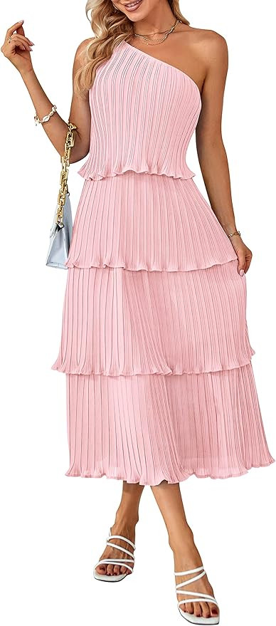 MEROKEETY Women's Summer One Shoulder Sleeveless Pleated Ruffle Tiered Layered Chiffon Party Dres... | Amazon (US)
