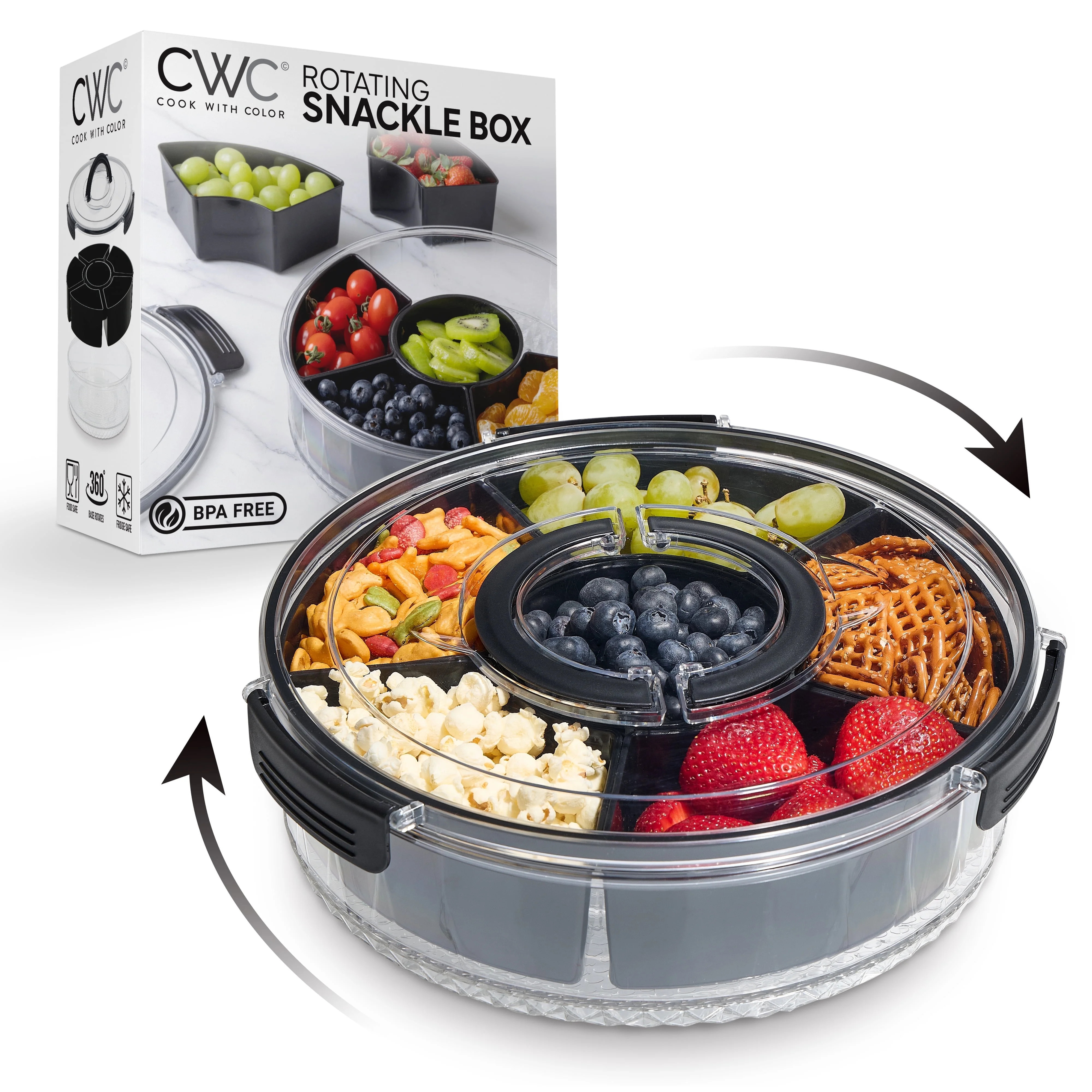 COOK WITH COLOR Round Snackle Box – 6-Compartment Serving Tray with Lid and Handle, Black – K... | Walmart (US)