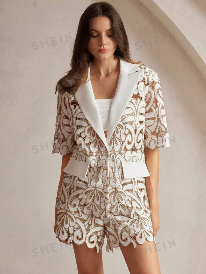 Anewsta 2pcs Women's Elegant Hollow-Out Lapel Short Sleeve Blazer And Loose Shorts Set | SHEIN