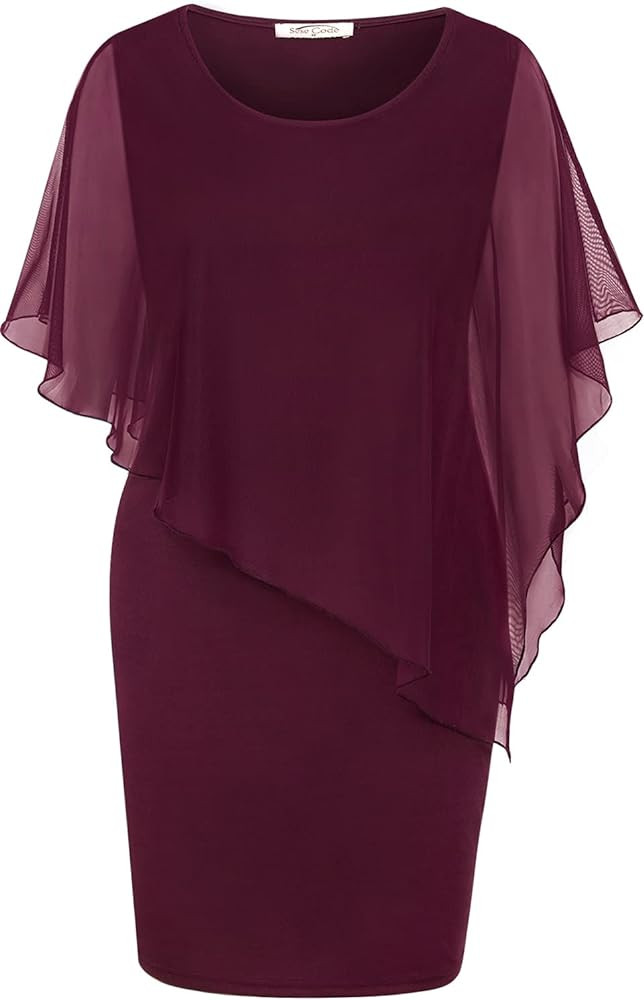 SeSe Code Women's Mesh Cape Overlay Bodycon Knee Length Pencil Dress for Wedding Guest | Amazon (US)