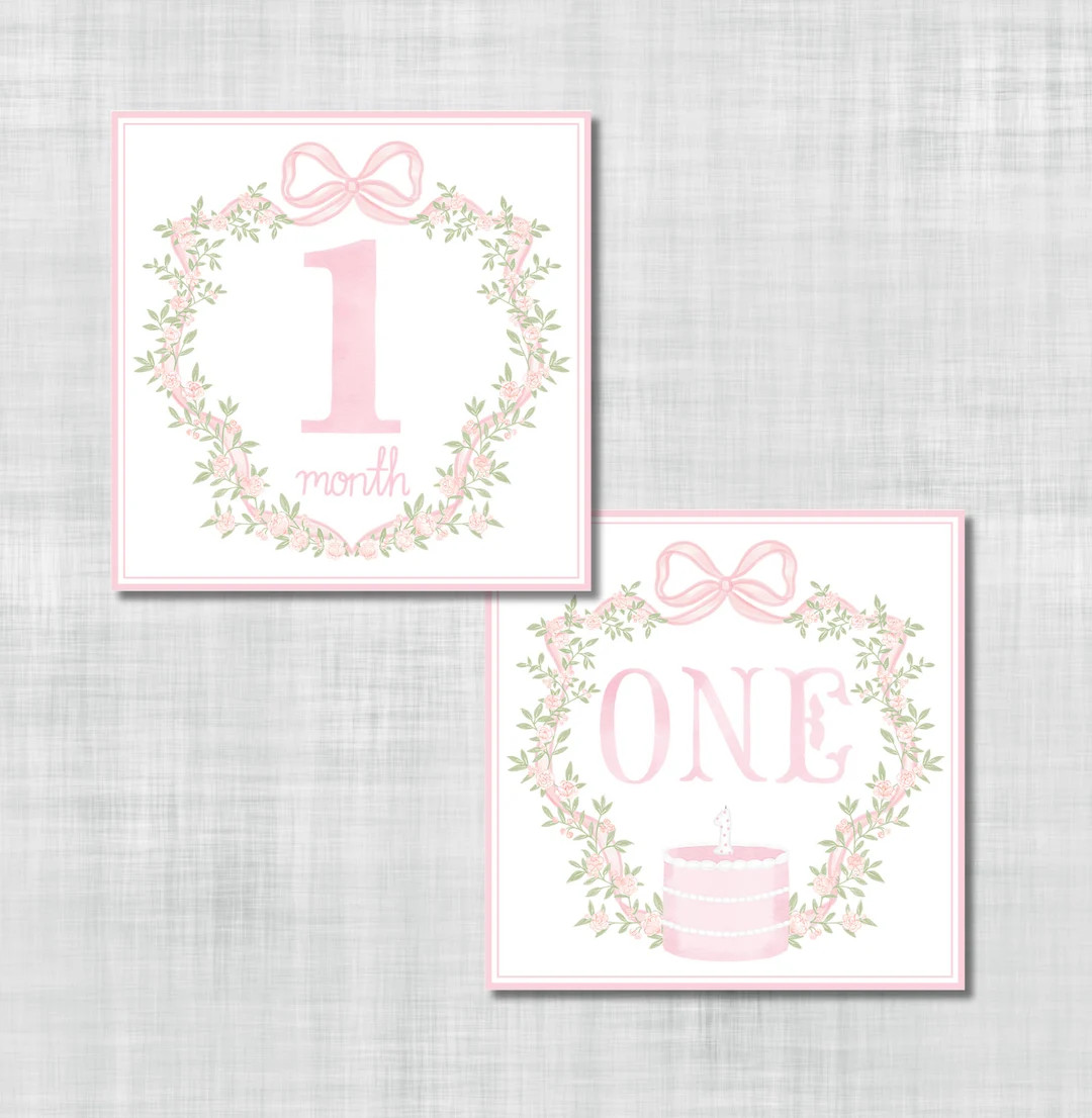 Girl Milestone Cards Pink Floral Crest - Etsy | Etsy (US)
