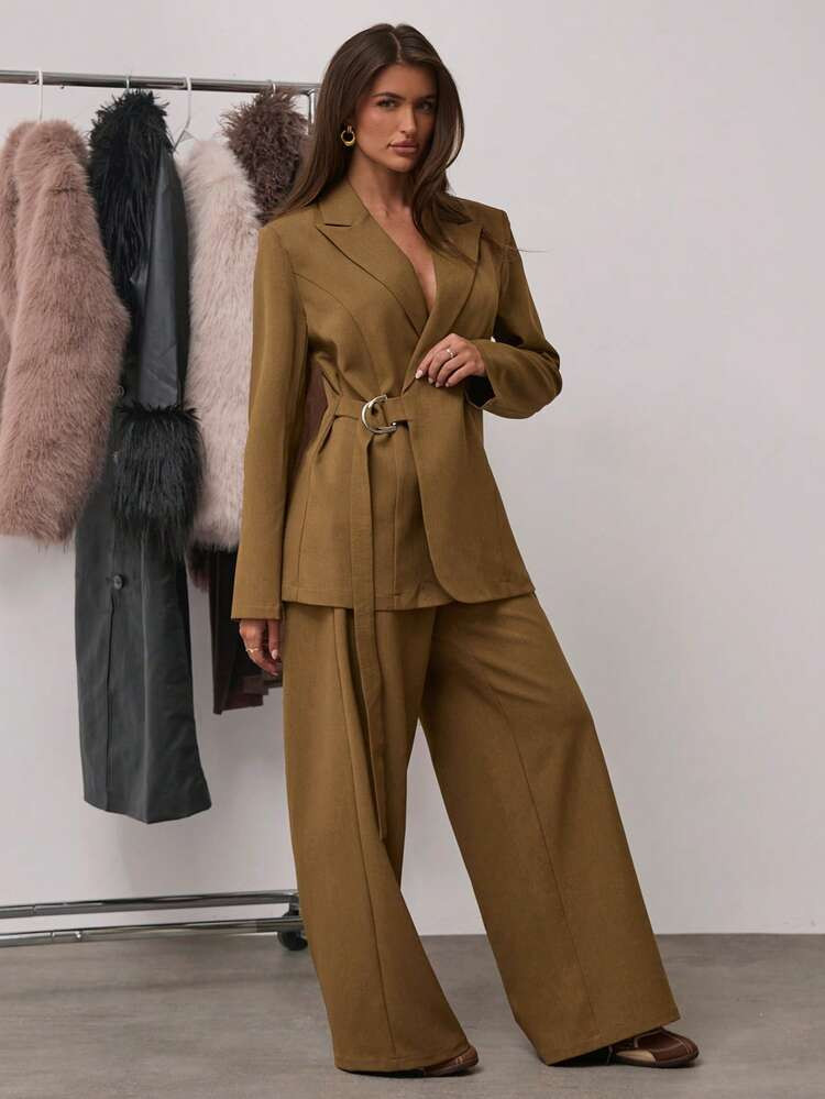 SHEIN BAE Fall/Winter 1 Set: A Stylish Solid-Color Deep V-Neck Single-Button Tailored Blazer Paired With Straight-Leg Trousers. Women's Suit Set, Women's Suit, Olive Green. Fashionable Commuting Set, Office Attire. | SHEIN