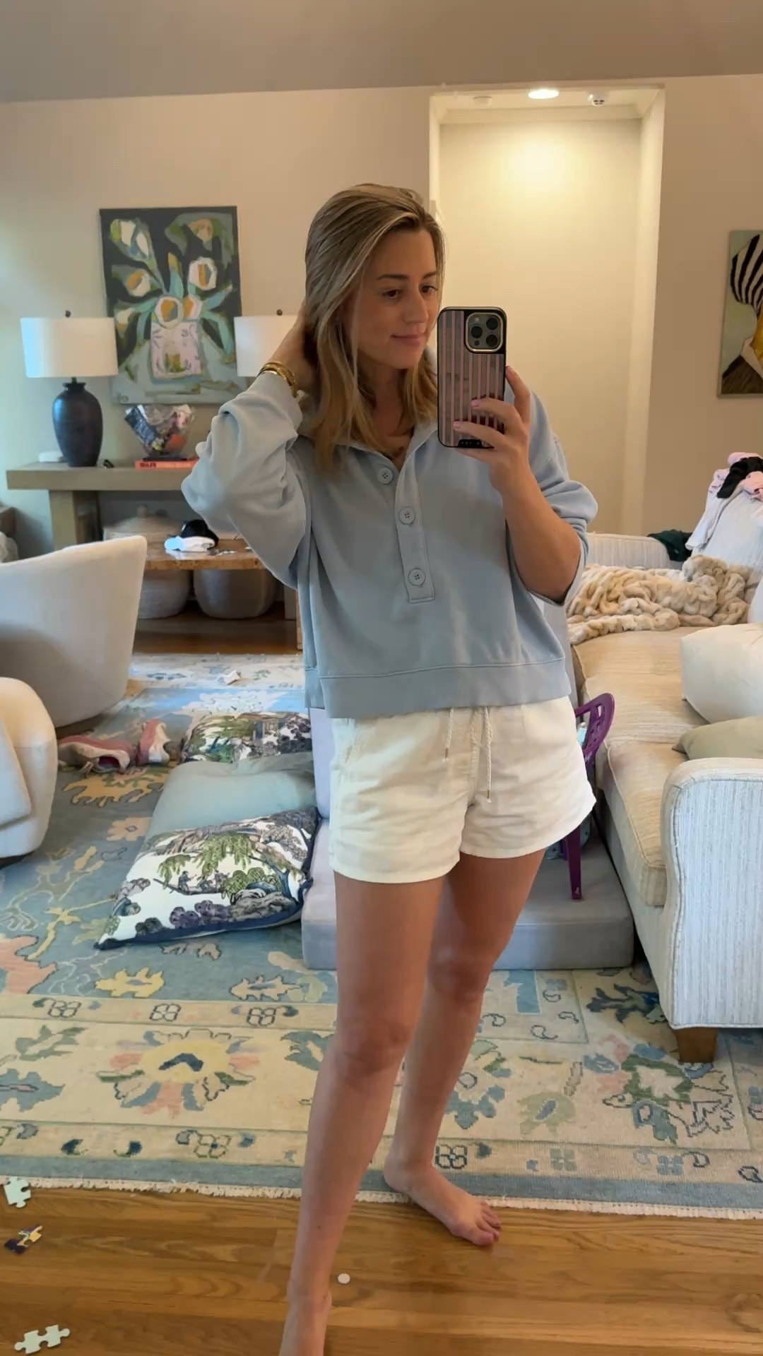 Name a better color combo🩵🤍I’ll wait. 

I immediately grabbed the blue pullover off the rack for Maine in a month! And the white shorts will ofc be a staple all season. Don’t sleep on the fleece shorts that I linked either. They’re like butter! Wearing small in both.