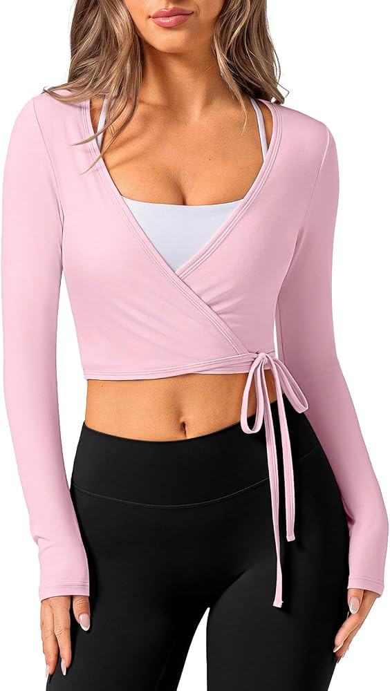 REORIA Women's Pilates Wrap Tops V Neck Tie Long Sleeve Yoga Workout Shirt | Amazon (US)