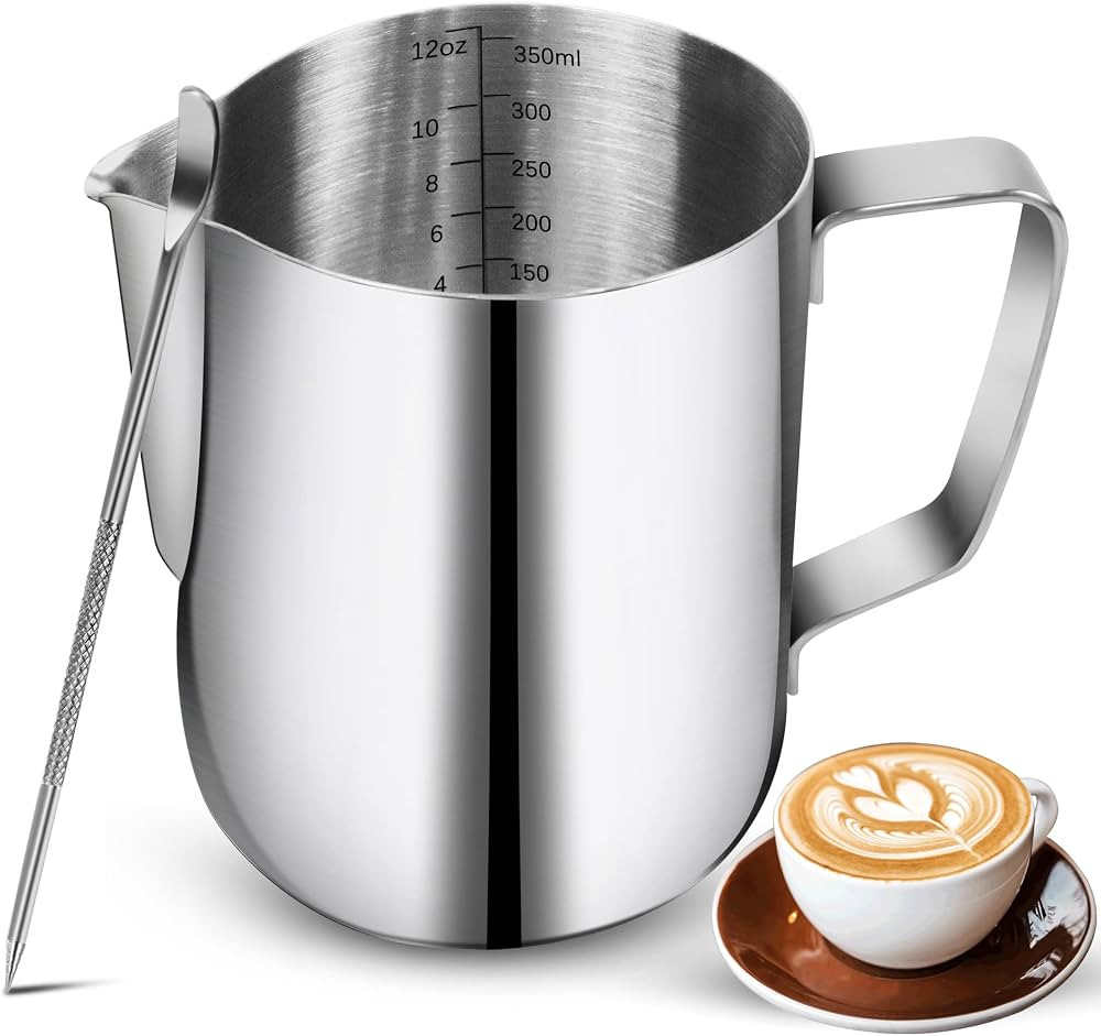 Milk Frothing Pitchers-12oz/350ML Stainless Steel Steaming Pitchers, Scale Coffee/Milk/Cappuccino... | Amazon (US)