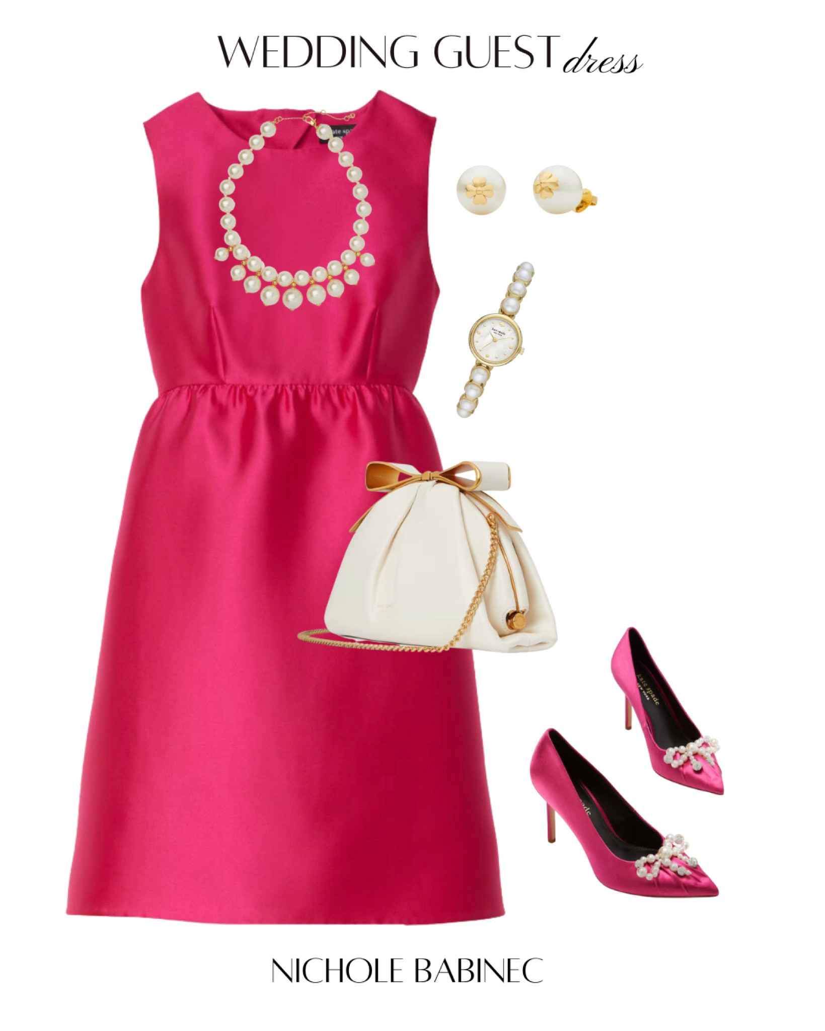 Wedding guest dress. Kate spade. Kate spade jewelry. Pink cocktail dress, pink satin dress. Pearl jewelry. Pink heels. Girly style. Preppy style. High class. Fancy style. Classic style. Retro style. Pearl Watch. Cream clutch. Ivory clutch. Hot pink. Fuchsia dress. Elegant style 

#LTKFind #LTKwedding #LTKshoecrush
