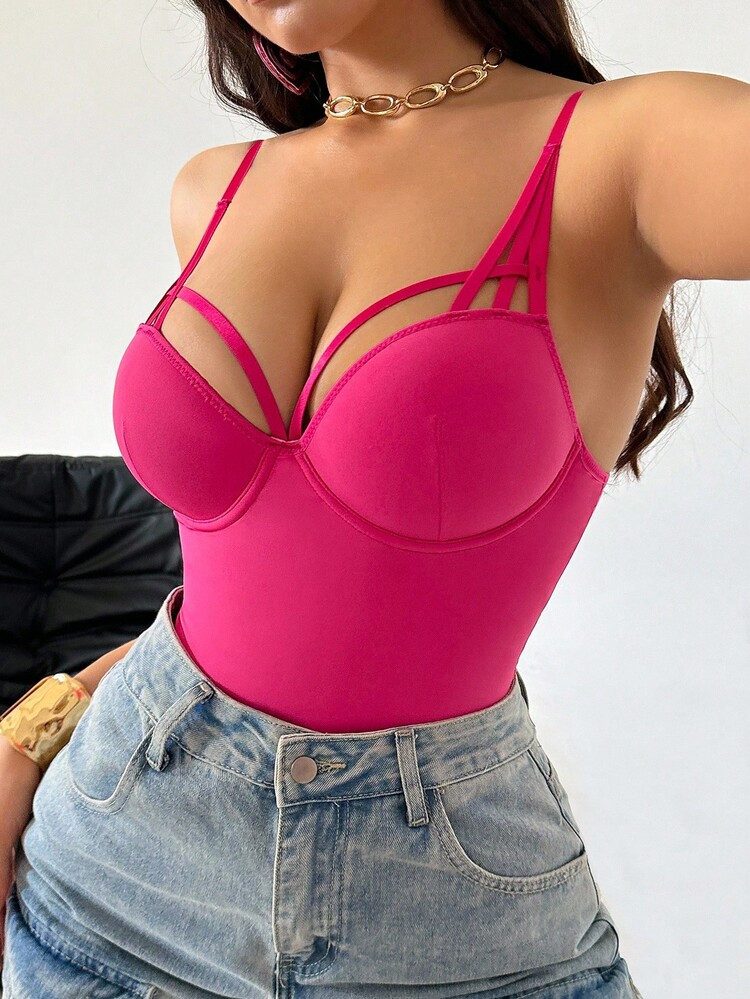 SuitURBody 1pc Fuchsia Push-Up Molded Cup Sheer Sexy Cutout Criss-Cross Bodysuit, Suitable For Mu... | SHEIN