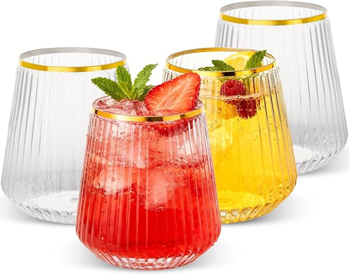 Goodluck 36 Pack 12oz Stemless Plastic Wine Glasses – Clear Ribbed Cups with Gold Rim, Fancy Re... | Amazon (US)