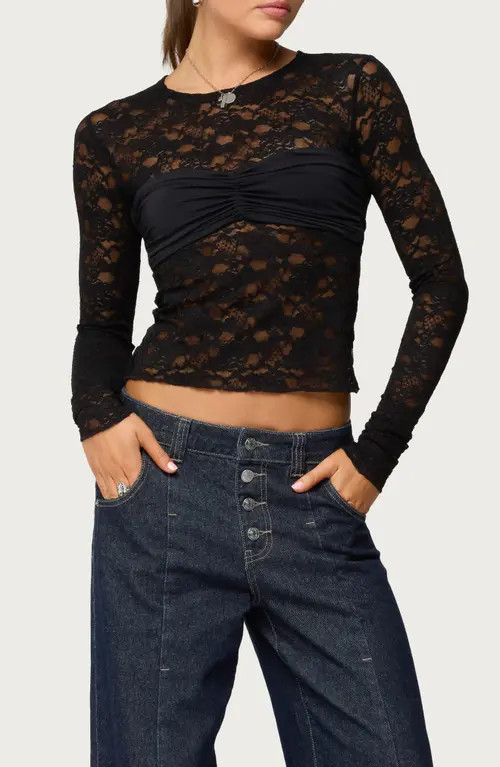 EDIKTED Rosette Bandeau Long Sleeve Lace Top in Black at Nordstrom, Size Large | Nordstrom