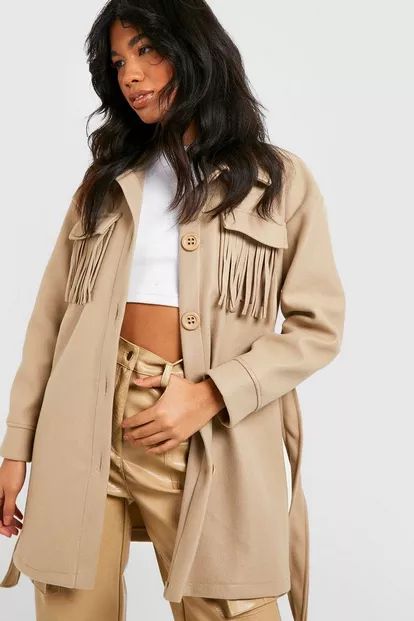 Fringe Detail Belted Wool Look Shacket | Boohoo.com (US & CA)