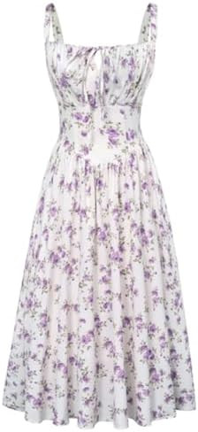 Women Floral Print Bohemian Dress Square Collar High Waist Zipper A-Line Midi Dresses | Amazon (US)