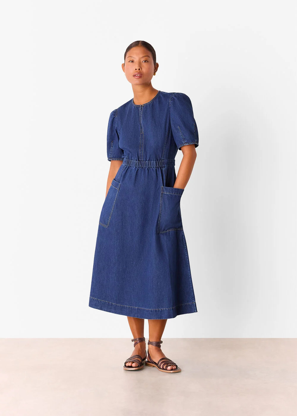 Denim Petite Midi Short Sleeve Dress | WHISTLES | Whistles UK | | Whistles