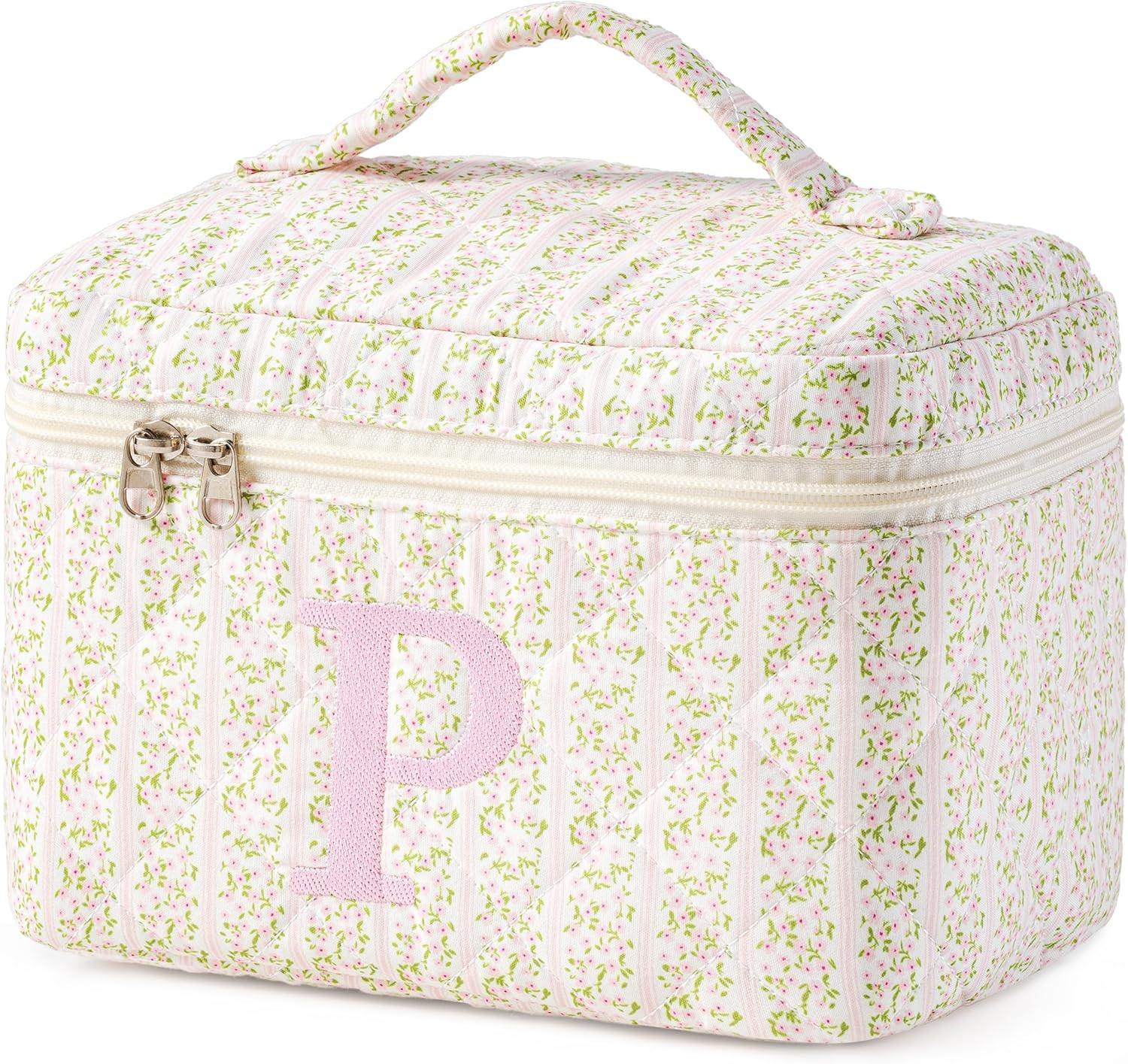 HBselect Initial Quilted Makeup Bag, Pink Cosmetic Travel Toiletry Bag, Flowers Coquette Zipper M... | Amazon (US)