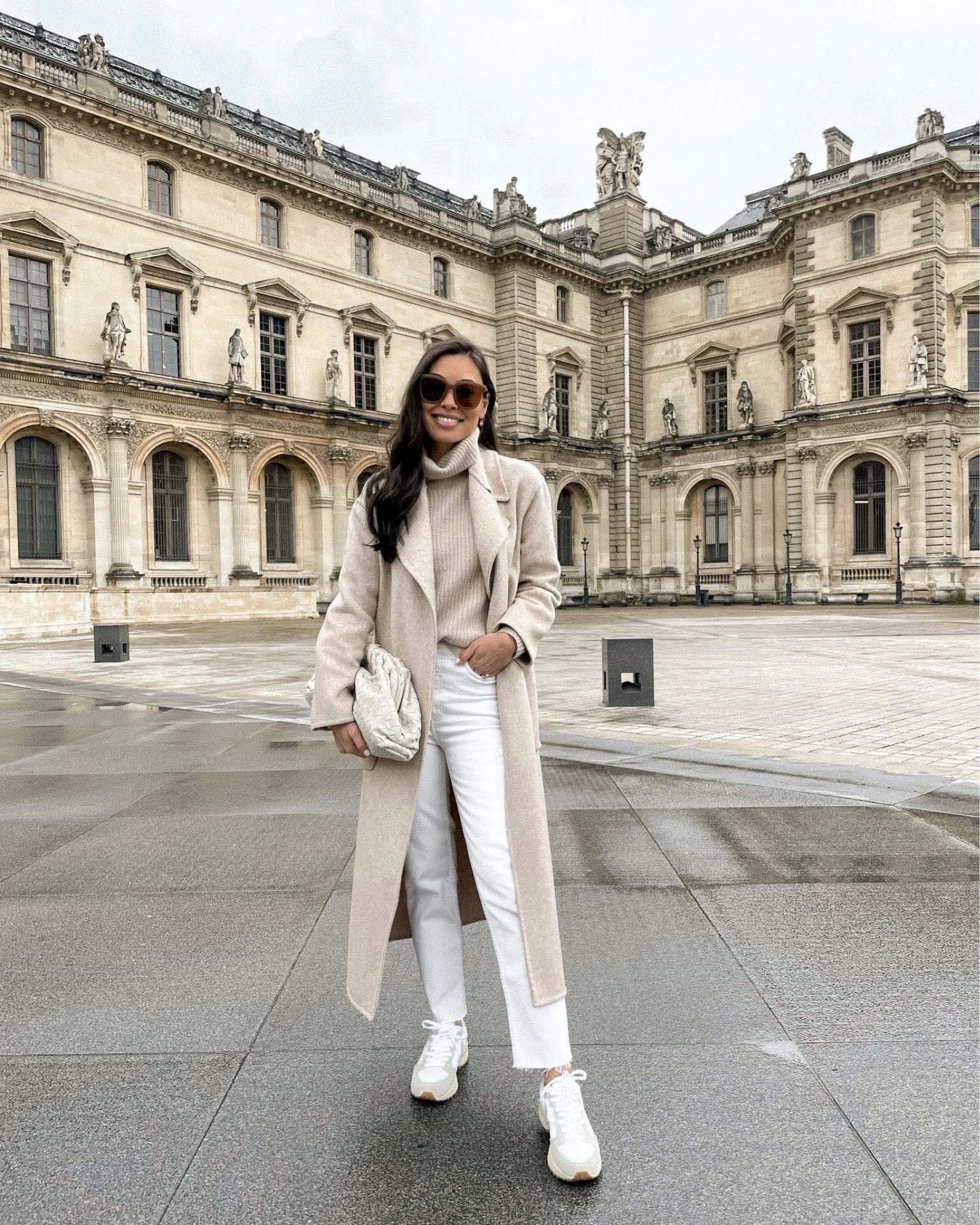 Kat Jamieson of With Love From Kat wears a fall outfit. Neutral coat, neutral sweater, white jeans, white sneakers, sunglasses, white clutch, neutral beanie. 

#LTKSeasonal #LTKstyletip