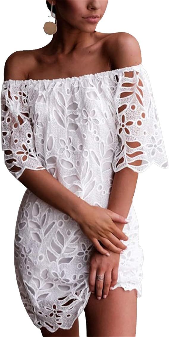 PRETTYGARDEN Women's Summer Off Shoulder Vintage Floral Lace Flare Short Sleeve Loose Elegant Mini D | Amazon (US)