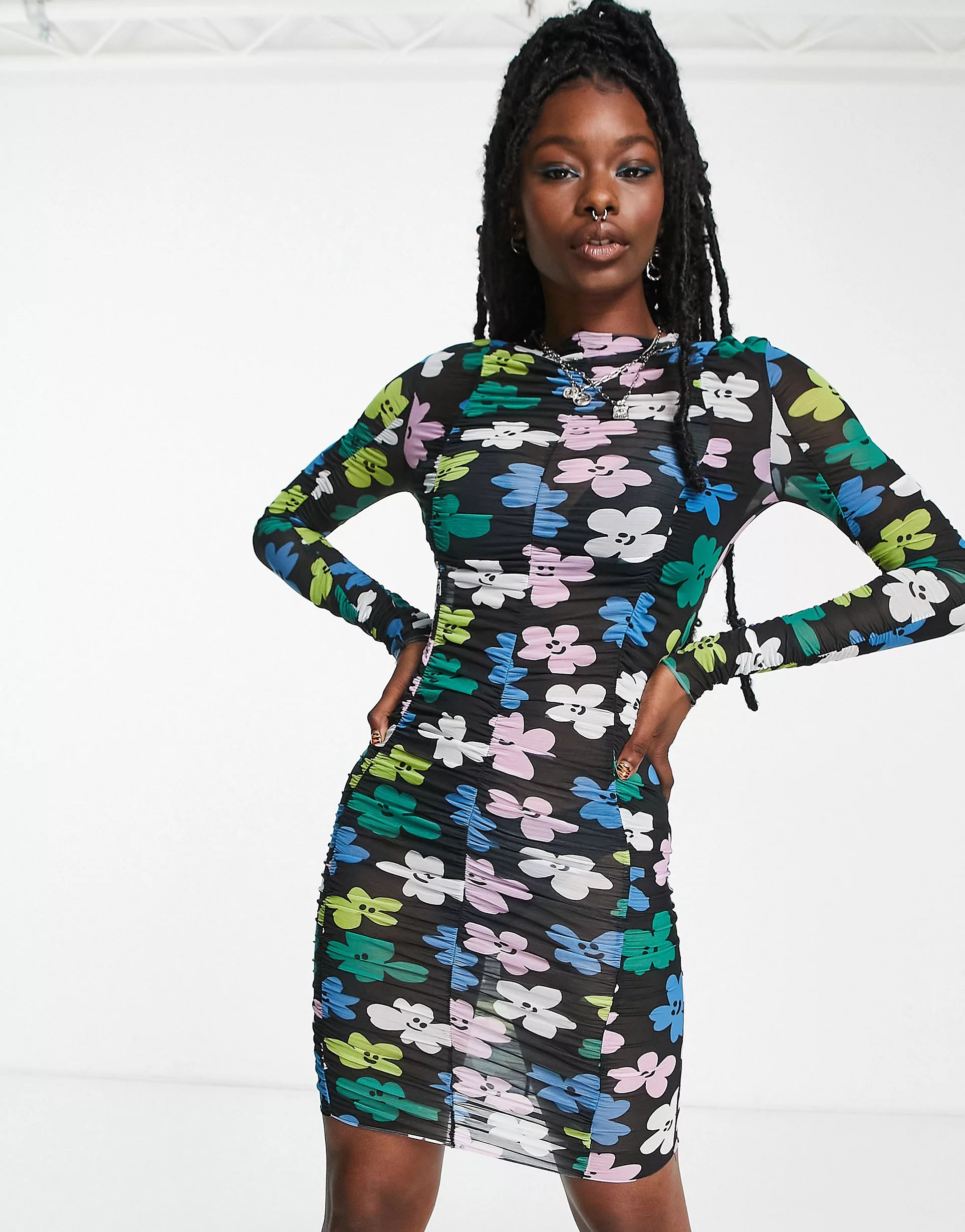COLLUSION daisy print ruched long sleeve mesh dress in multi | ASOS (Global)