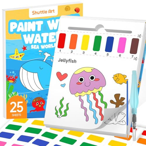 Shuttle Art Paint with Water Coloring Book for Kids, 25 Sea World Themed Pages with 2 Brushes, Mess-Free Watercolor Paint Set, Travel-Friendly Art Craft Gift for Toddlers, Birthday Christmas Gift | Amazon (US)