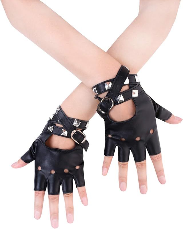 JISEN Women PU Leather Punk Gloves Rivets Belt Up or Snap Half Finger Performance Mittens | Amazon (US)