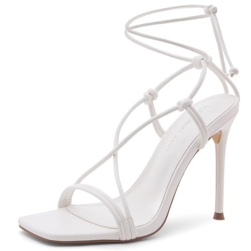 Shoe Land SL-Melody Women's Lace-Up Heels, Dressy Strappy High Heel Sandals, Square Open Toe with Tie-Up Ankle Wrap – Stiletto Heels for Prom, Party, and Wedding, White, Size 10.0 | Amazon (US)