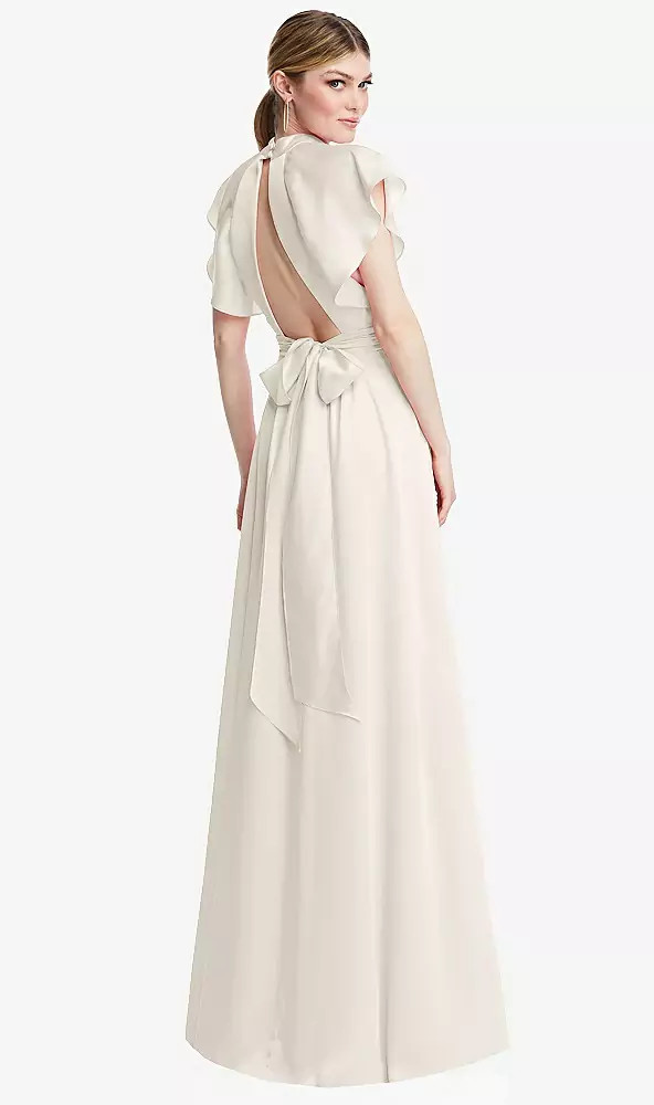 Shirred Stand Collar Flutter Sleeve Open-Back Maxi Dress with Sash in Ivory | The Dessy Group