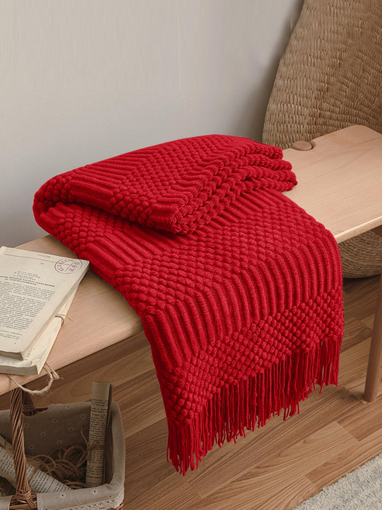1pc Fringe Trim Knitted Throw Blanket | SHEIN