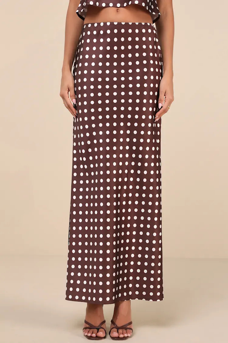 Classically Charismatic Brown Polka Dot Satin Maxi Skirt | Lulus