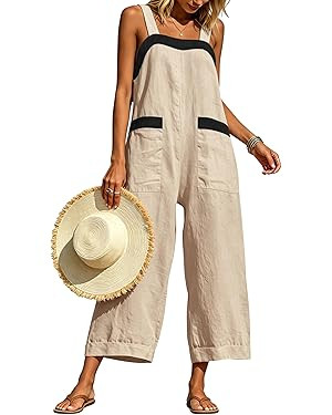 Himosyber Women's Cotton Linen Jumpsuits Color Block Wide Leg Overalls Adjustable Strap Casual Su... | Amazon (US)