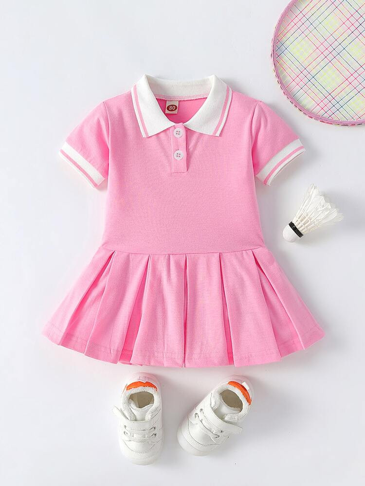 Baby Striped Trim Polo Neck Fold Pleated Dress | SHEIN