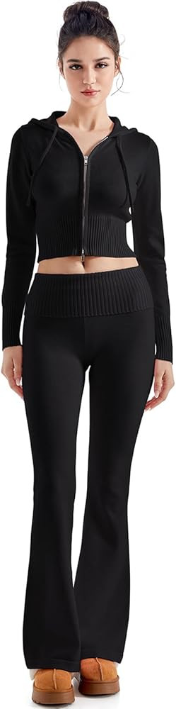 SUUKSESS Women 2 Piece Knit Sets Cropped Zip Up Hoodie Foldover Flare Leg Pants | Amazon (US)