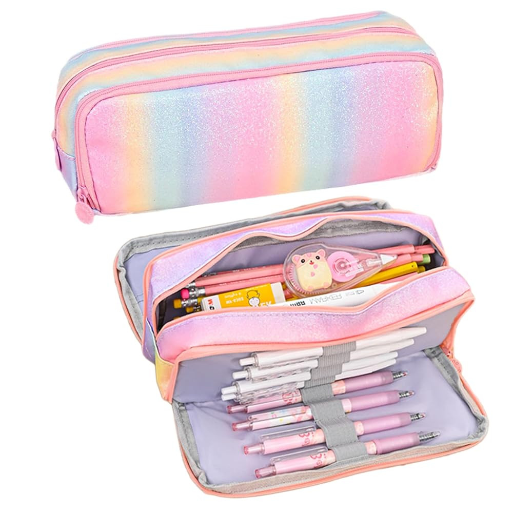 Glitter Rainbow Pencil Case for Girls, Large Capacity Pencil Pouch Pen Bag Organizer with 3 Compa... | Amazon (US)